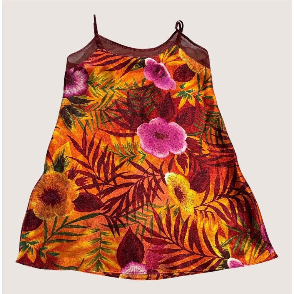 Lingerie Collection Satin Slip Dress Women's M‎ Tropical Colorful Mini Mesh Trim